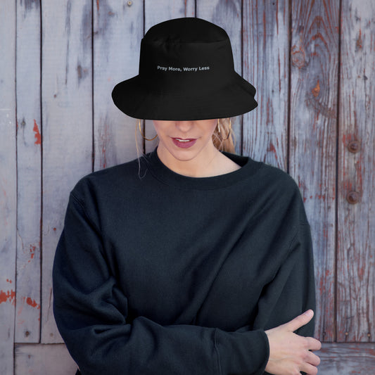 "Pray more worry less unisex bucket hat - Christian Apparel with bold typography design"